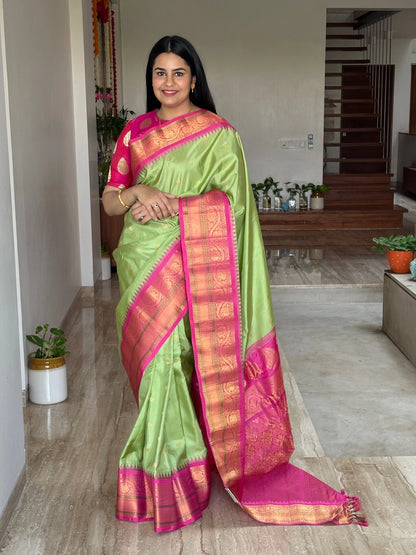 Pista Green-Pink Gadwal Pure Silk Saree