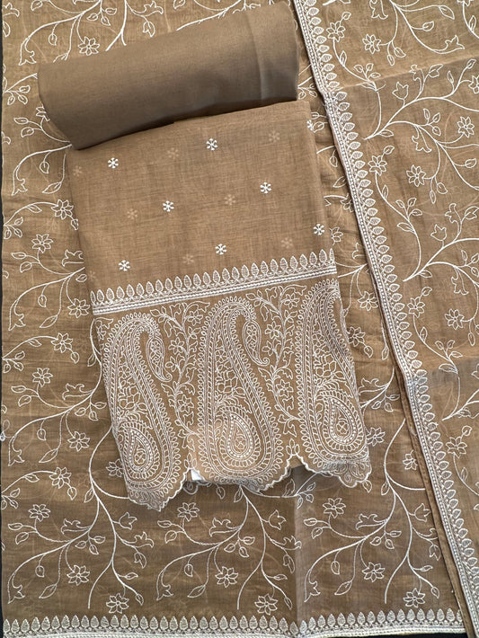 Brown Embroidery Chanderi Suit