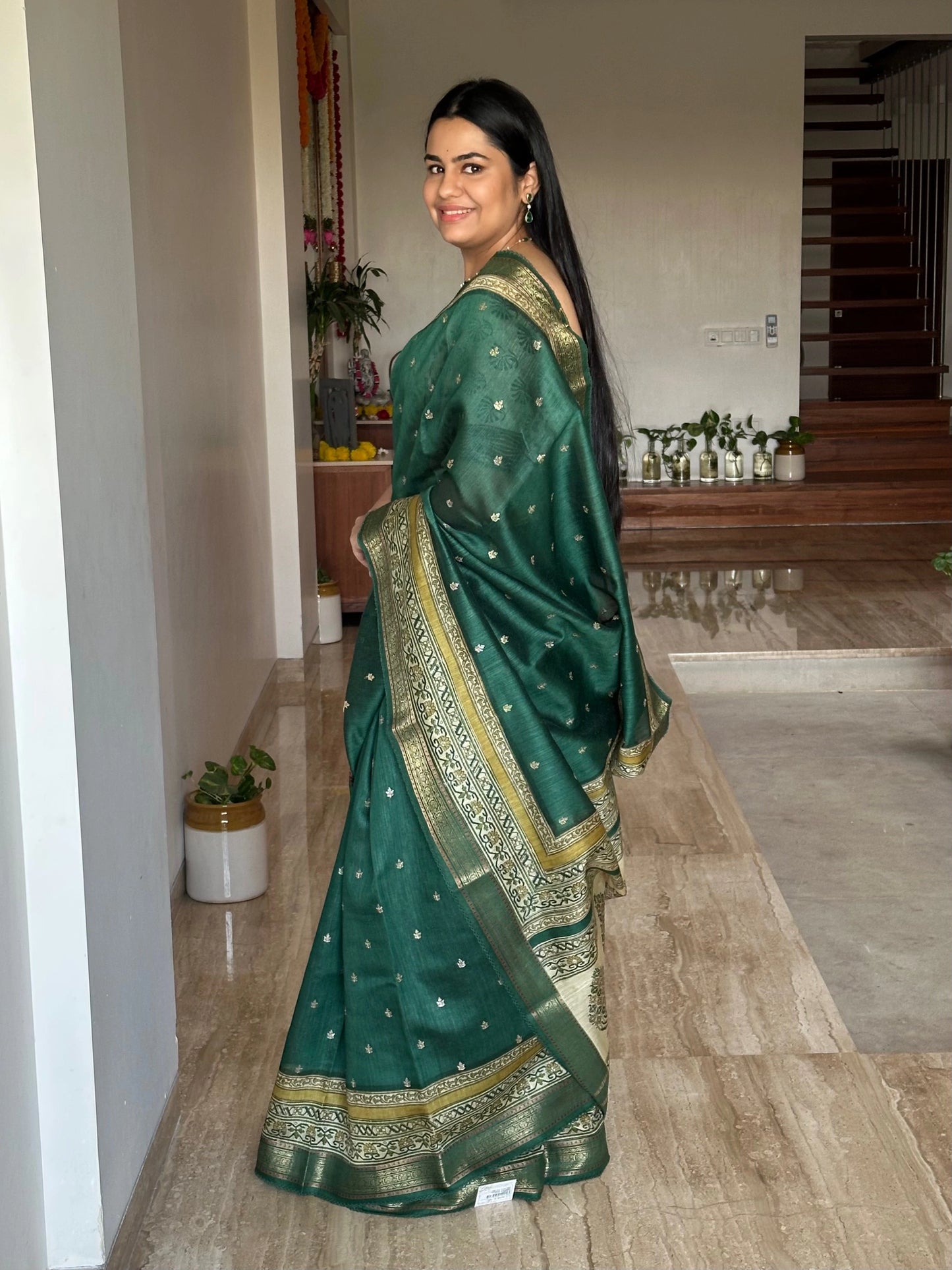 Bottle Green Muga Silk Saree