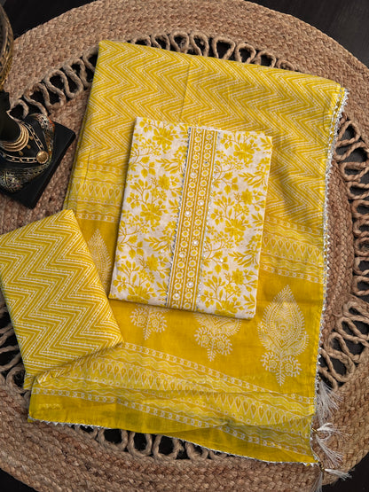 Off White-Yellow Jaipuri Necktie Cotton 3-Piece Suit