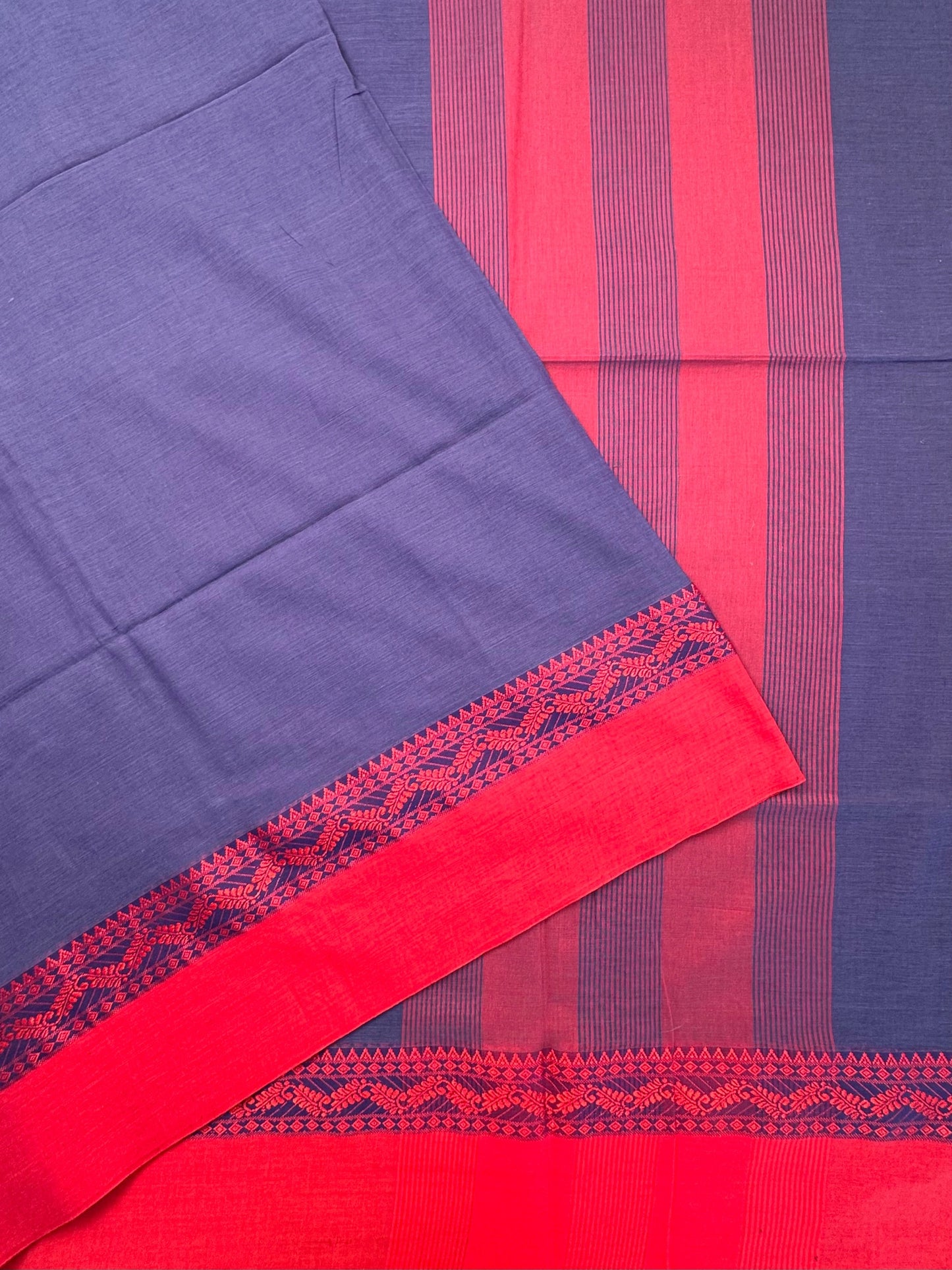 Violet Blue-Red Piku Bengal Cotton Saree