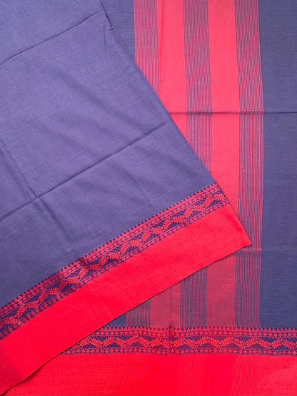 Violet Blue-Red Piku Bengal Cotton Saree