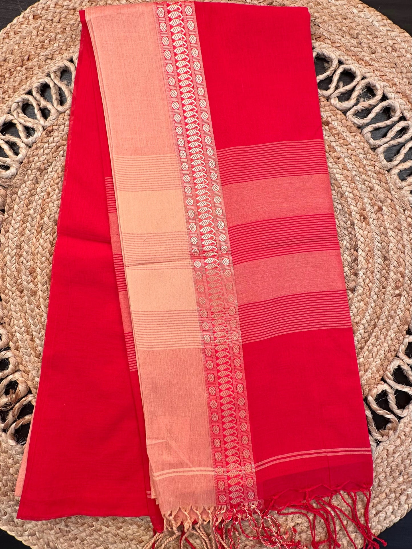 Red Piku Bengal Cotton Saree