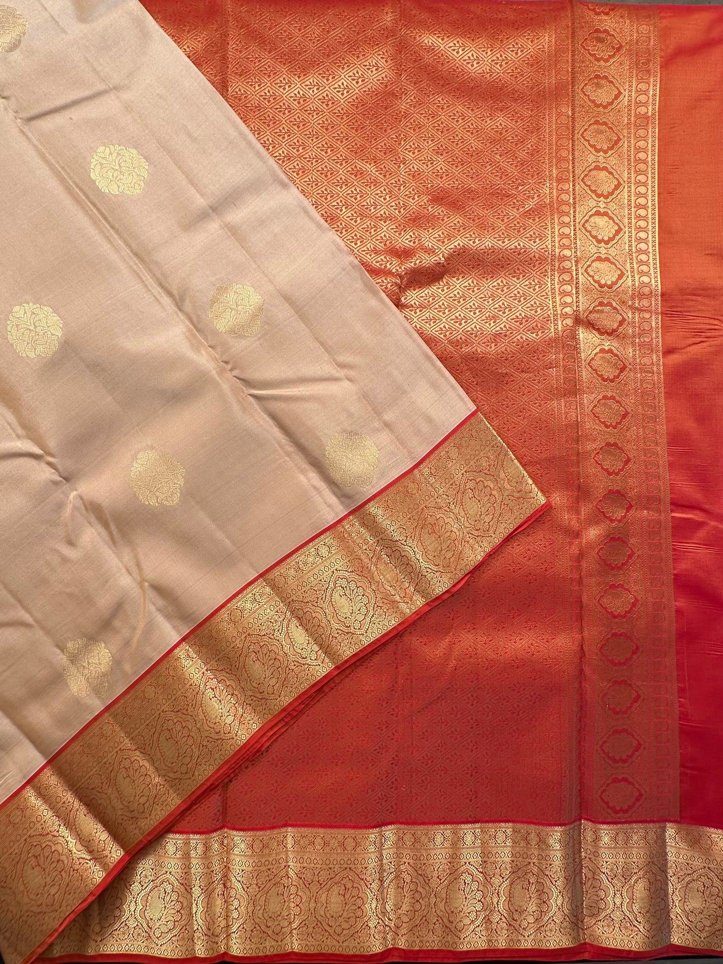 Beige Pondicherry Handloom Pure Silk Saree