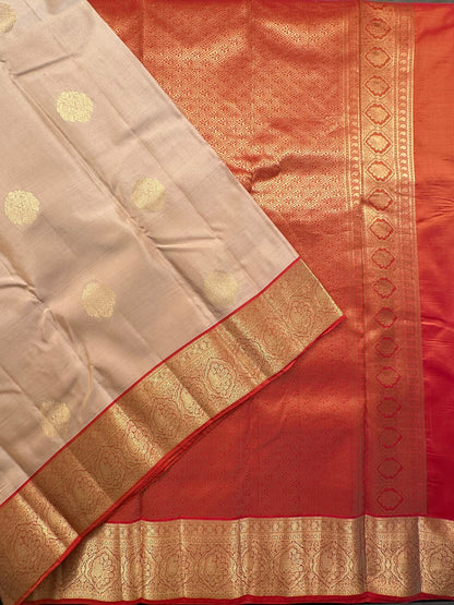 Beige Pondicherry Handloom Pure Silk Saree