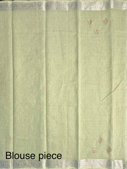 Pista Green Fancy Cotton Saree With Hand Work