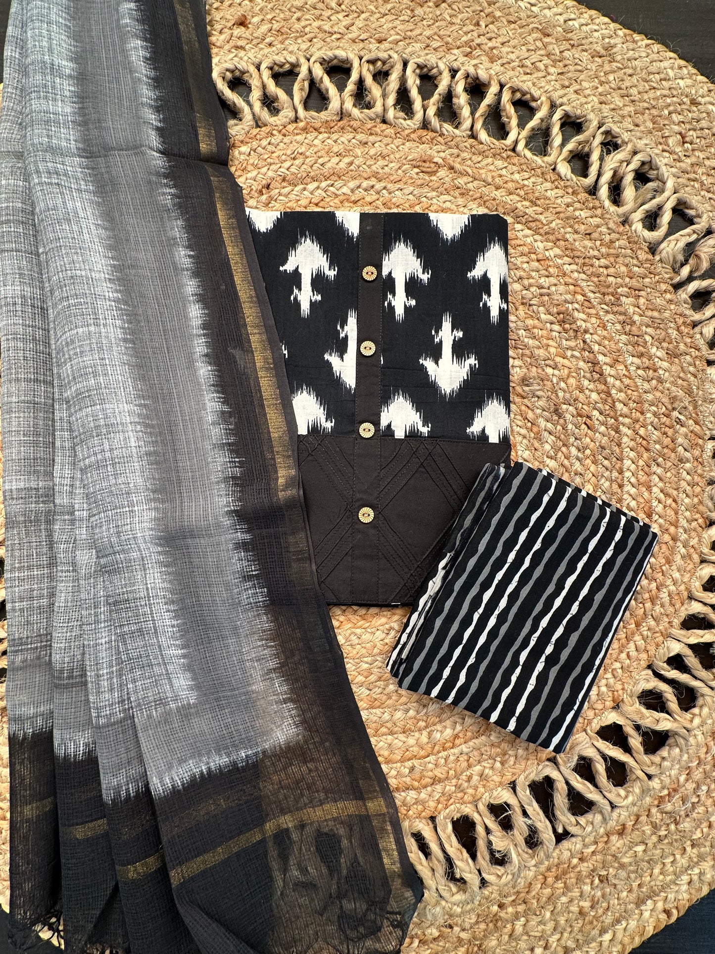 Black Jaipuri Cotton 3-Piece Suit