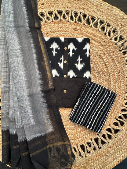 Black Jaipuri Cotton 3-Piece Suit