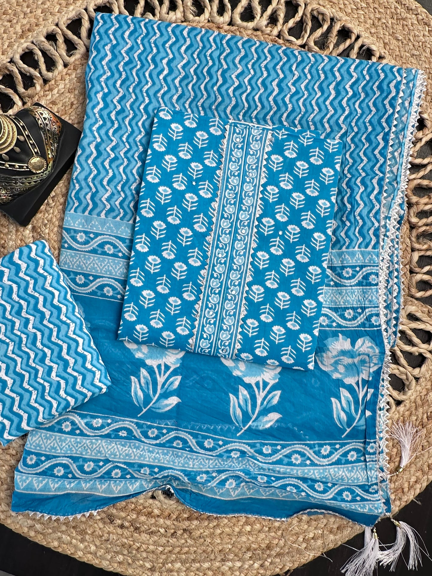 Blue Jaipuri Necktie Cotton 3-Piece Suit
