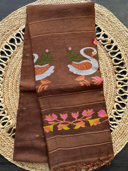 Brown Fancy Cotton Tissue Saree ( Linen Texture)