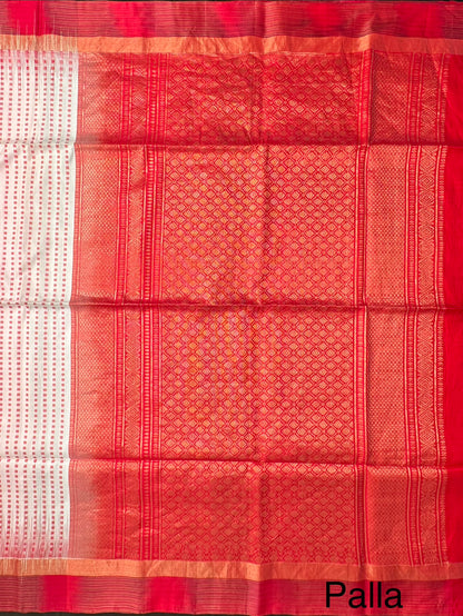 Off White-Red Pure Handloom Soft Silk Saree