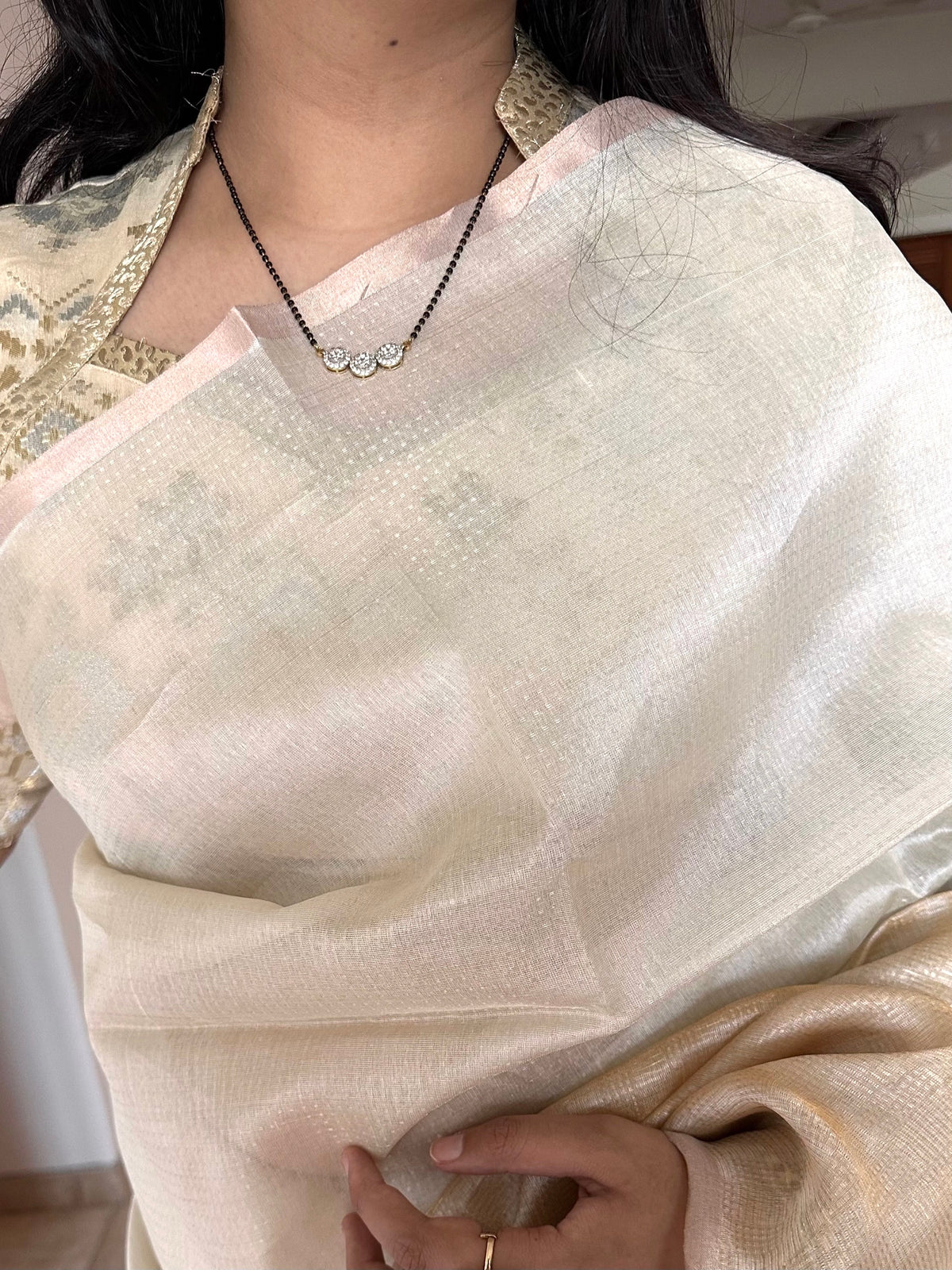 Off White-Golden Emboss Tissue Silk Saree