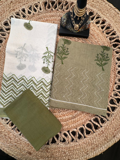 Mehendi Green Jute Cotton 3-piece Unstitched Suit