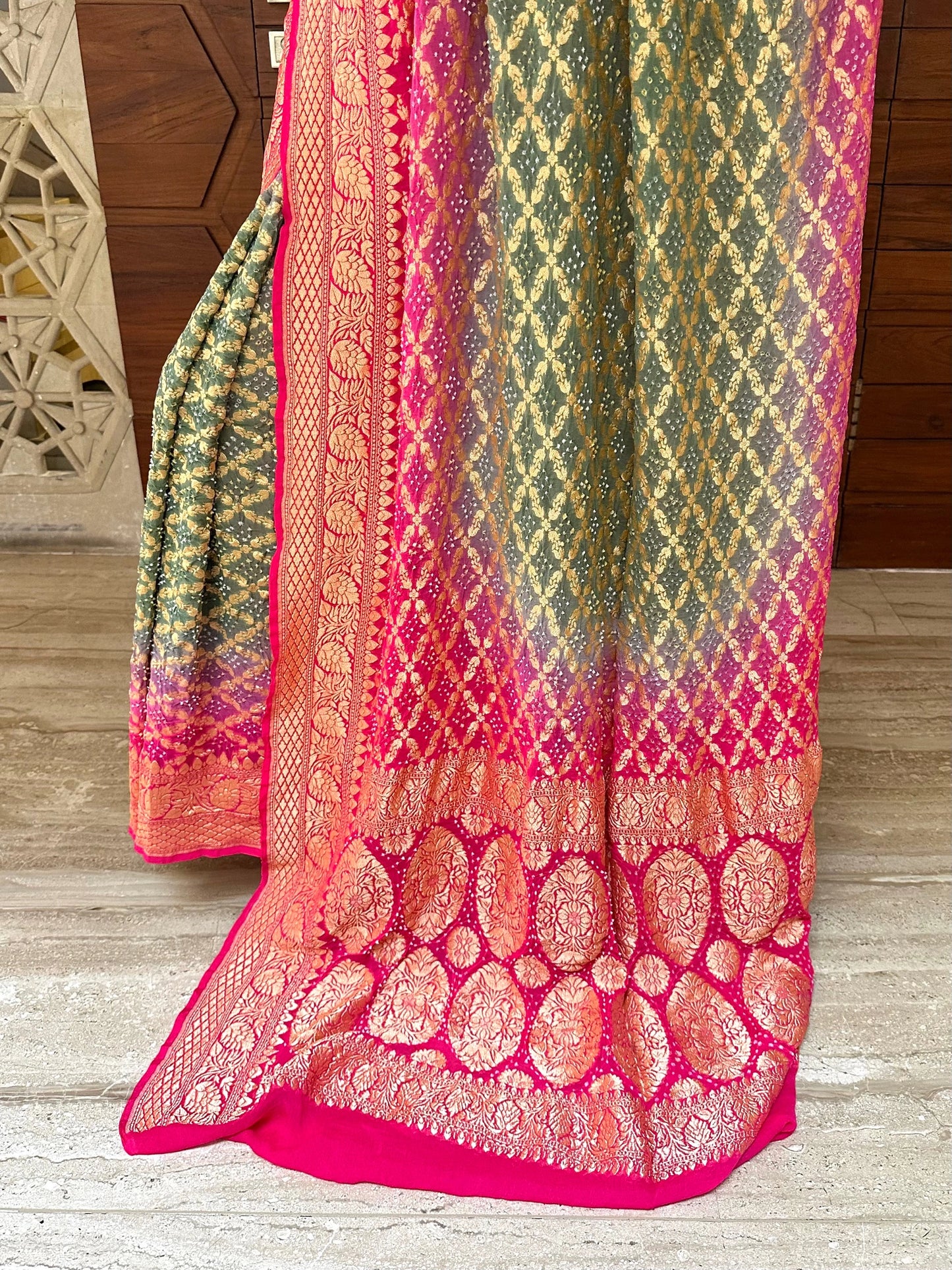 Grey-Rani Gharchola Bandhej Pure Georgette Saree