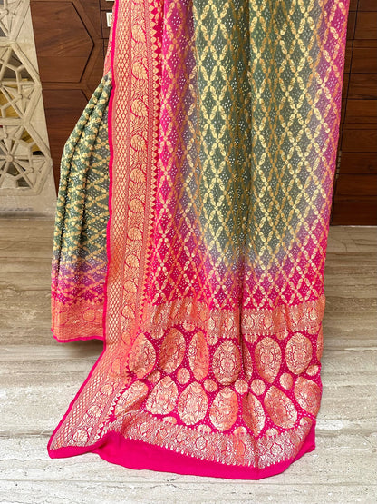 Grey-Rani Gharchola Bandhej Pure Georgette Saree