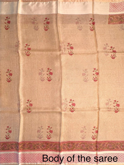 Beige Hand Block-Print Pure Kota Doria Silk Saree