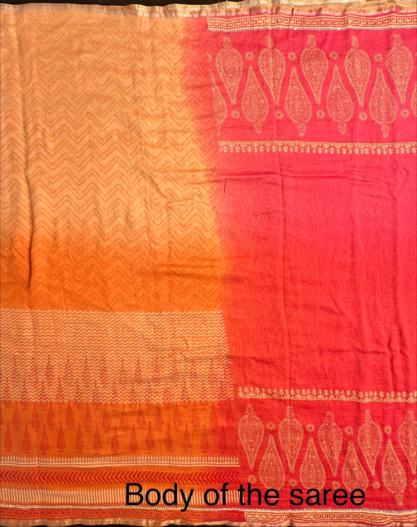 Coral Pink-Rani Block Print Chanderi Saree With Kaantha Stitch