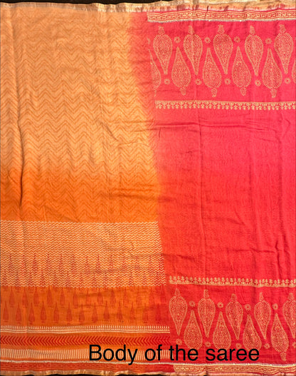 Coral Pink-Rani Block Print Chanderi Saree With Kaantha Stitch