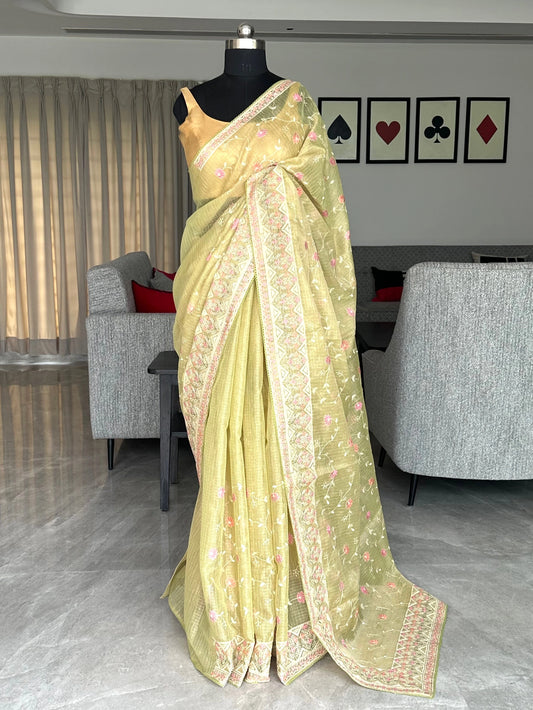 Parrot Green Fancy Tissue Saree