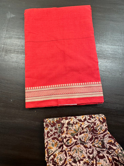 Red Mangalgiri Cotton Unstitched 3-Piece Suit