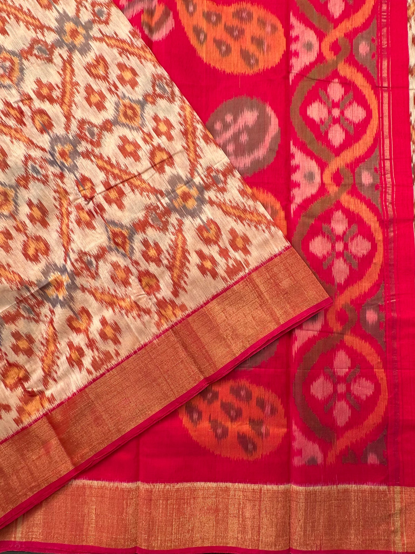 Beige Ikkat Kosa Cotton Silk Saree