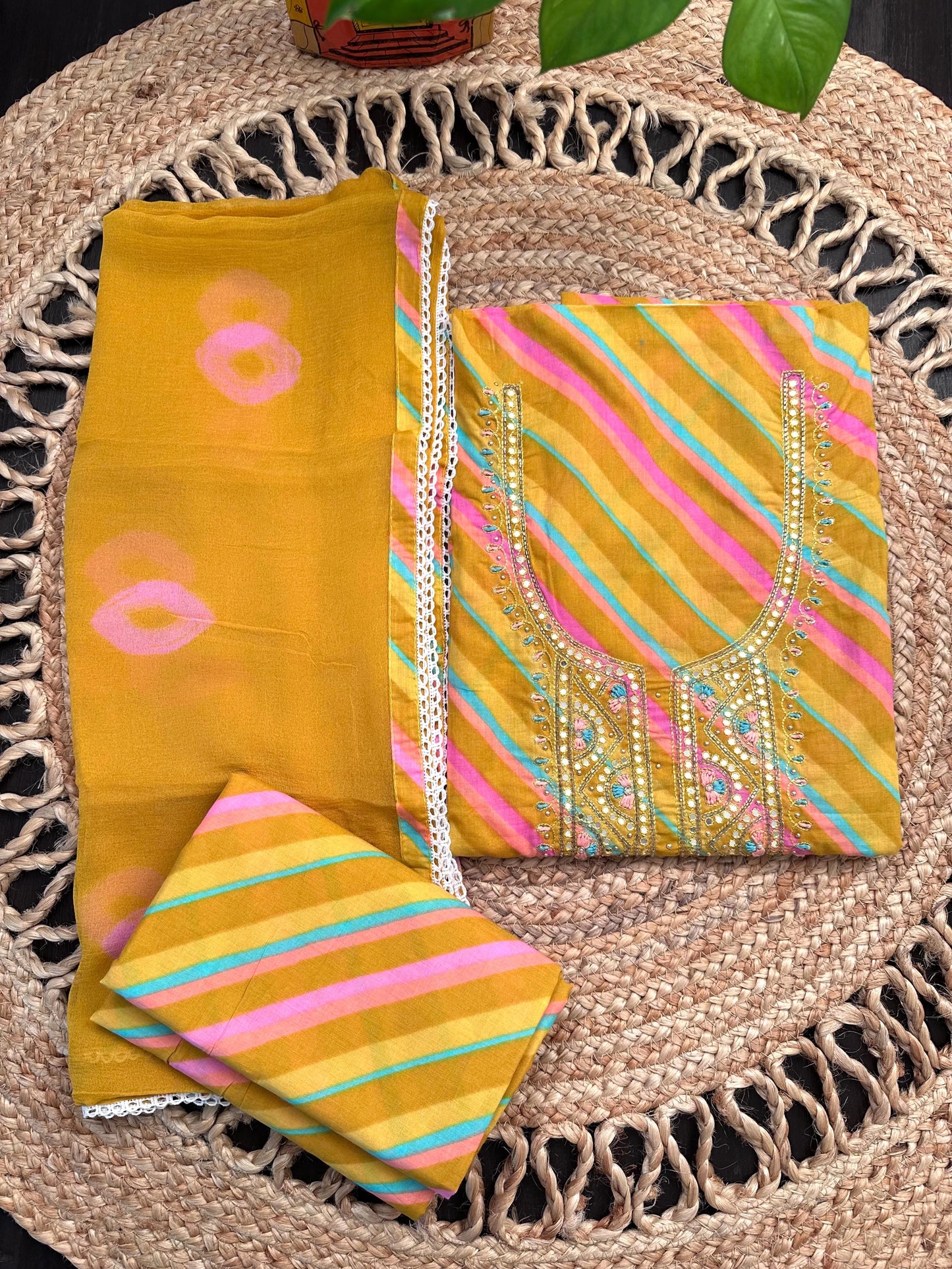 Mustard -Multi Colour Leheriya Jaipuri Cotton Unstitched 3-Piece Suit