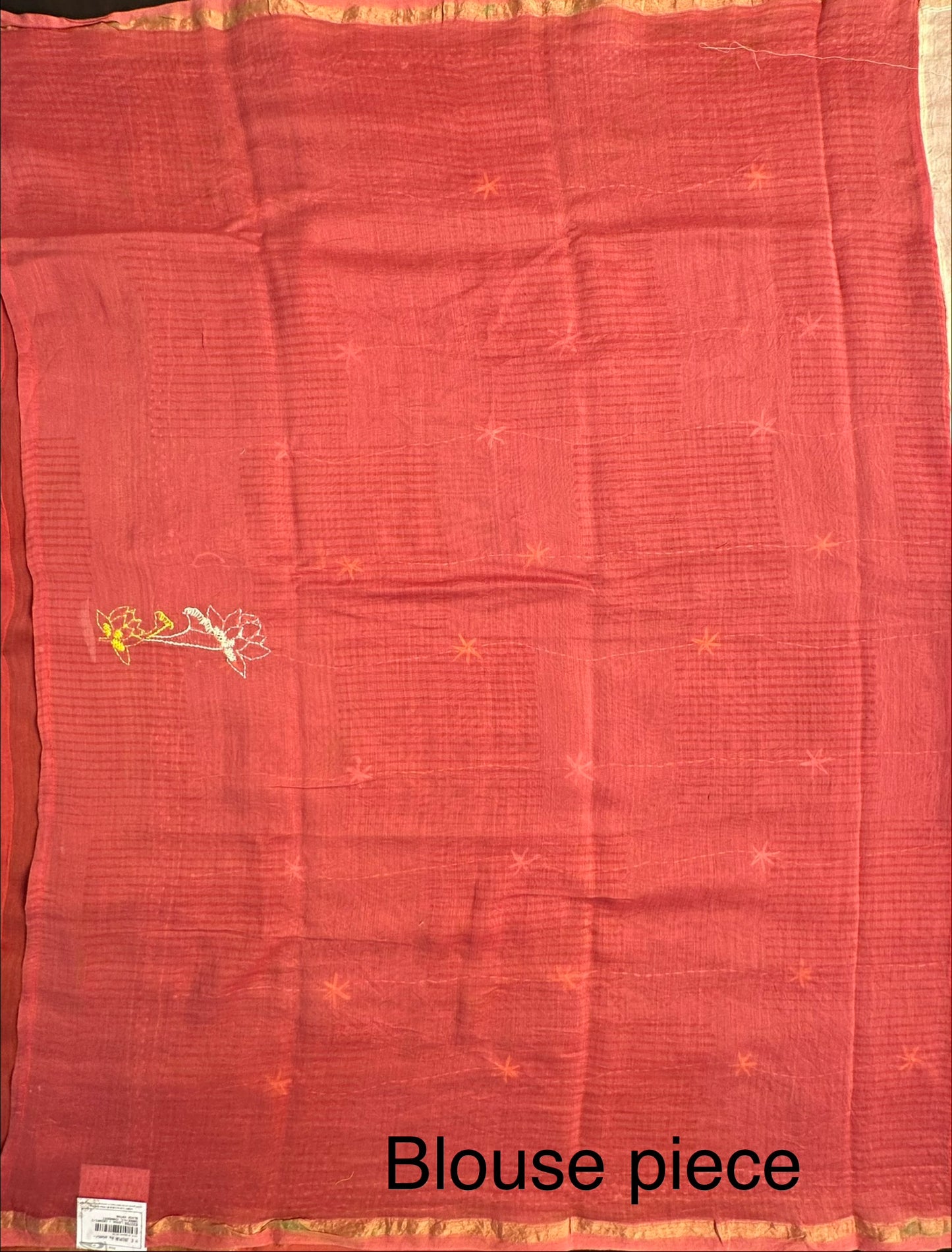 Yellow-Red Block Print Chanderi Saree With Kaantha Stitch