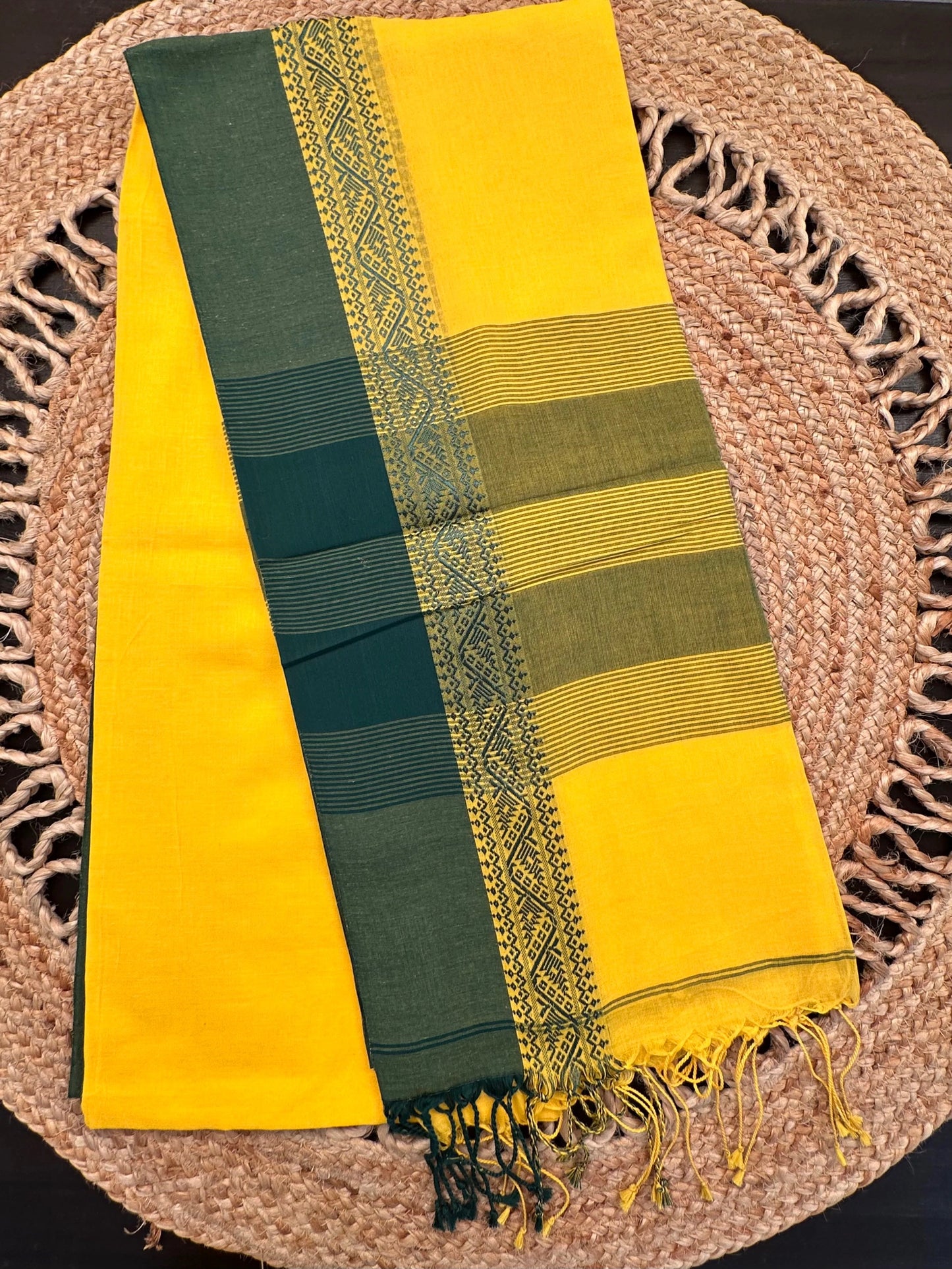 Yellow- Bottle Green Piku Bengal Cotton Saree