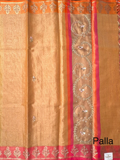 Mustard Hand Work Fancy Tissue Saree