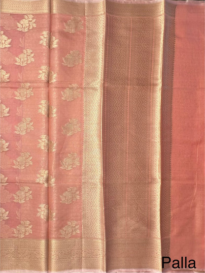 Pinkish Peach Arvita Kota Doria Fancy Cotton Saree