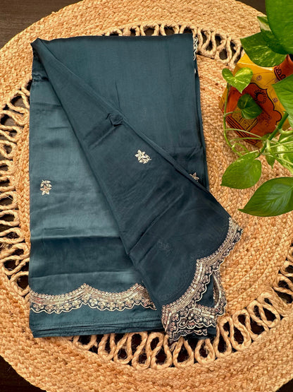 Turquoise Blue Artificial Crepe Saree With Hand Work