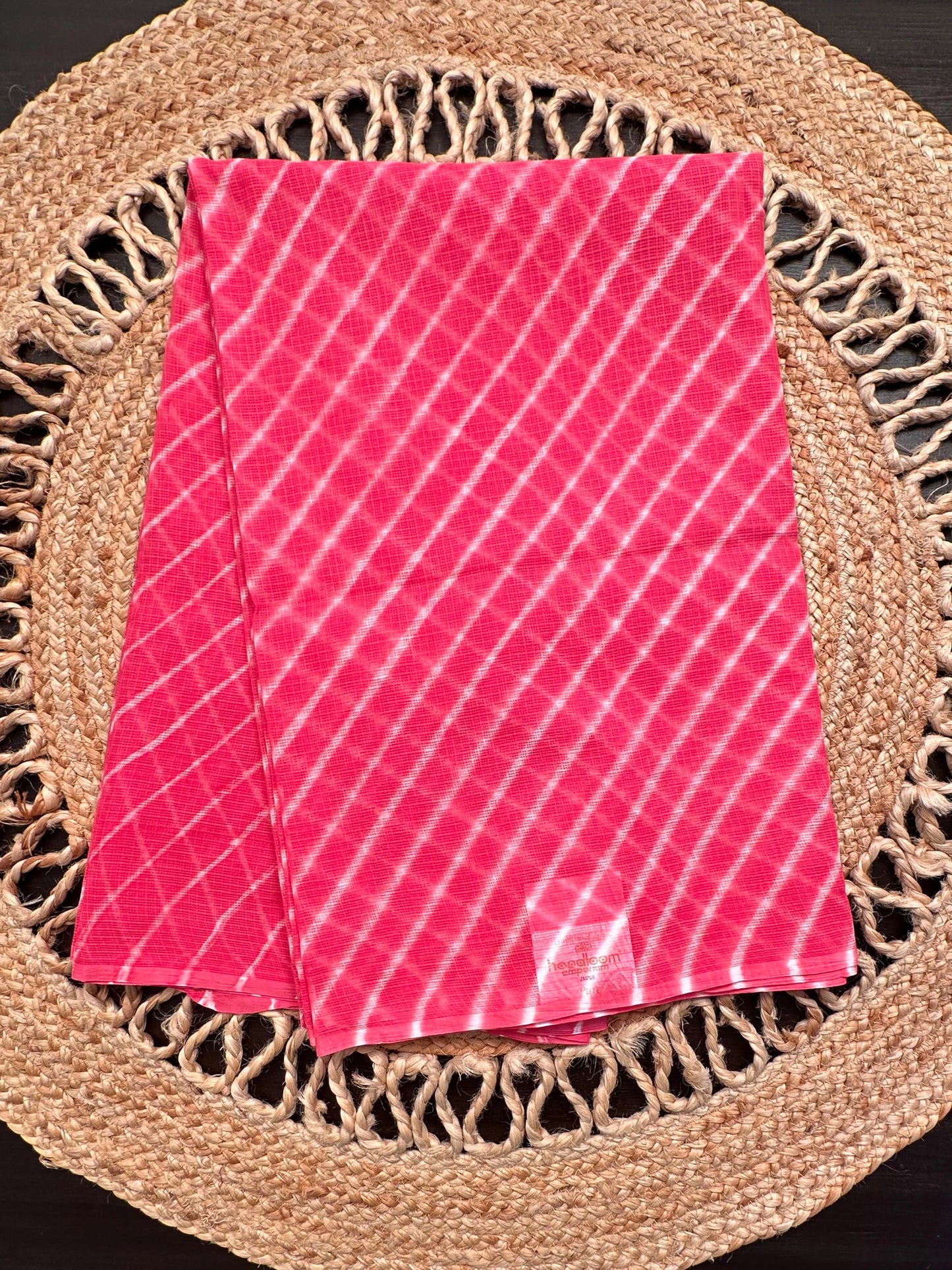 Coral Pink Khat Leheriya Kota Doria Pure Cotton Saree