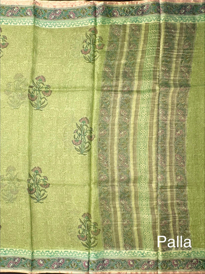 Green Hand Block-Print Pure Kota Doria Silk Saree