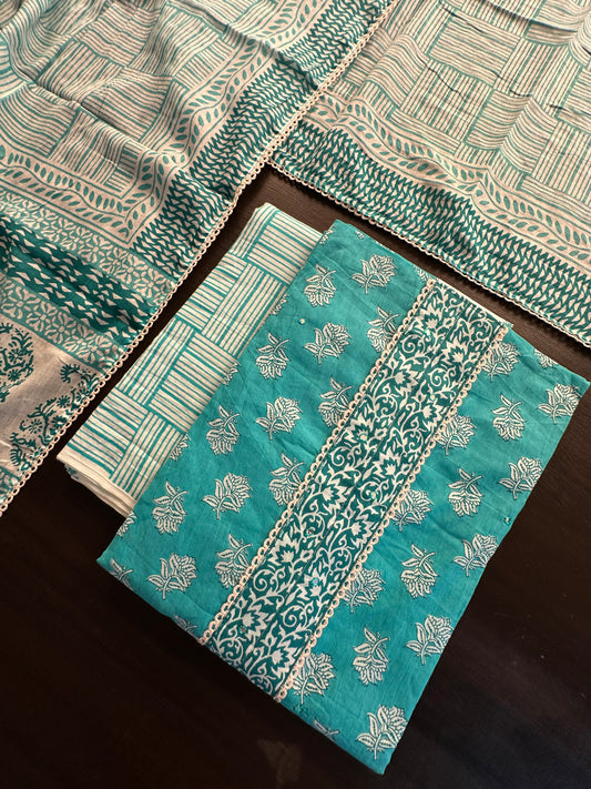 Sea Green Jaipuri Necktie Cotton 3-Piece Suit