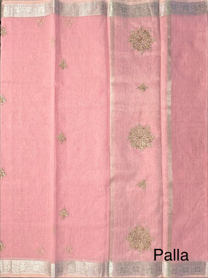 Pink Fancy Cotton Saree With Hand Work