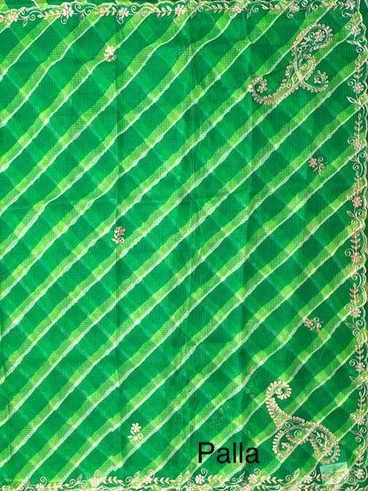 Green Kyra Leheriya Kota Doria Pure Silk Saree With Gota Patti Work