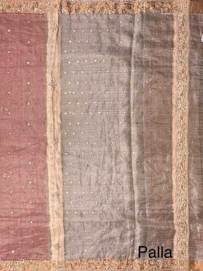 Dusky Pink- Silver Tissue Silk Saree with Hand Work
