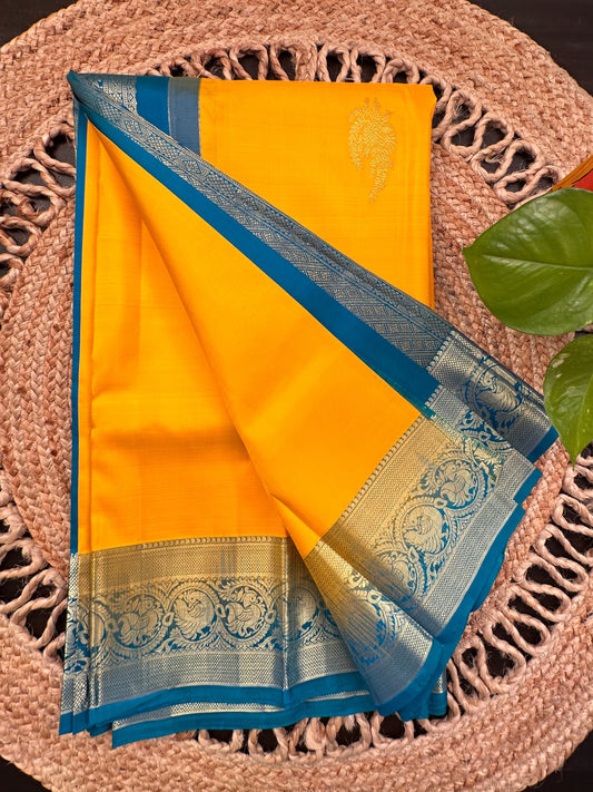 Yellow-Rama Green Handloom Kanjivaram Pure Silk Saree
