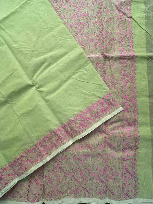 Pista Green Cotton Saree With Kaantha  Embroidery