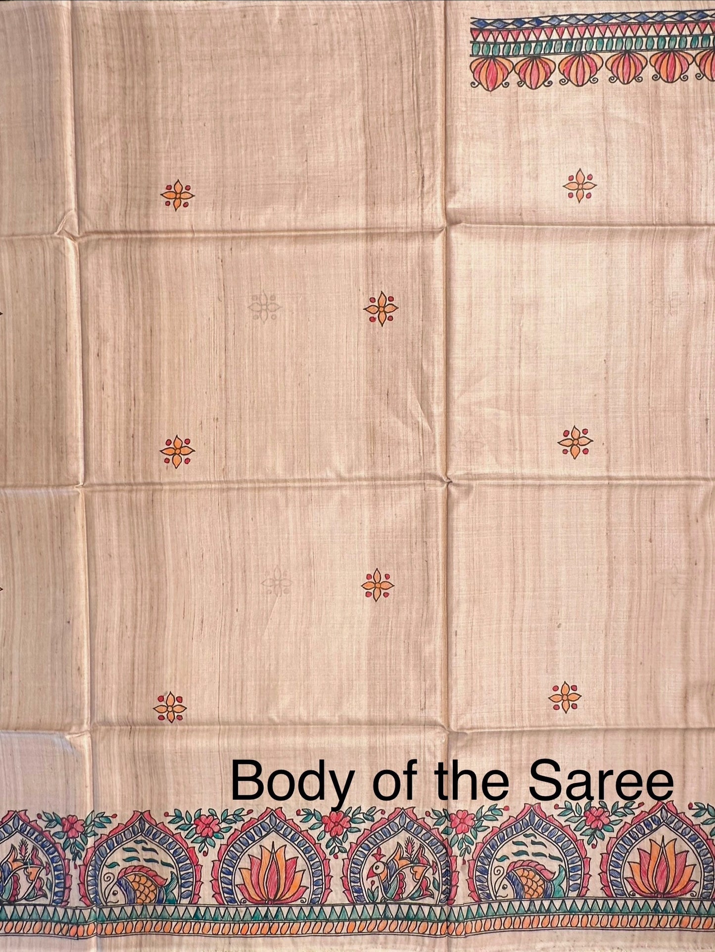 Beige Madhubani Art Pure Tussar Silk Saree