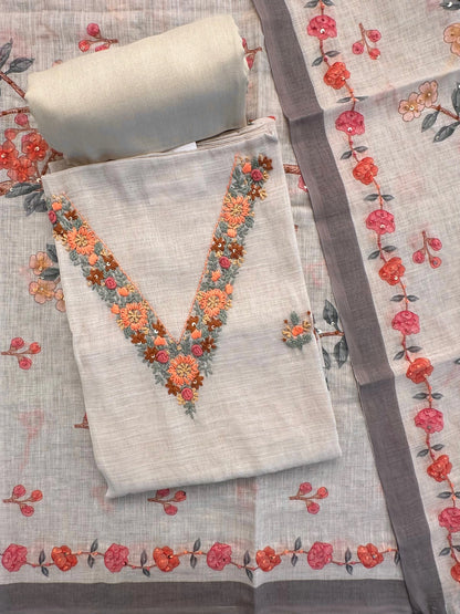 Beige Hand Embroidery Fancy Cotton Suit