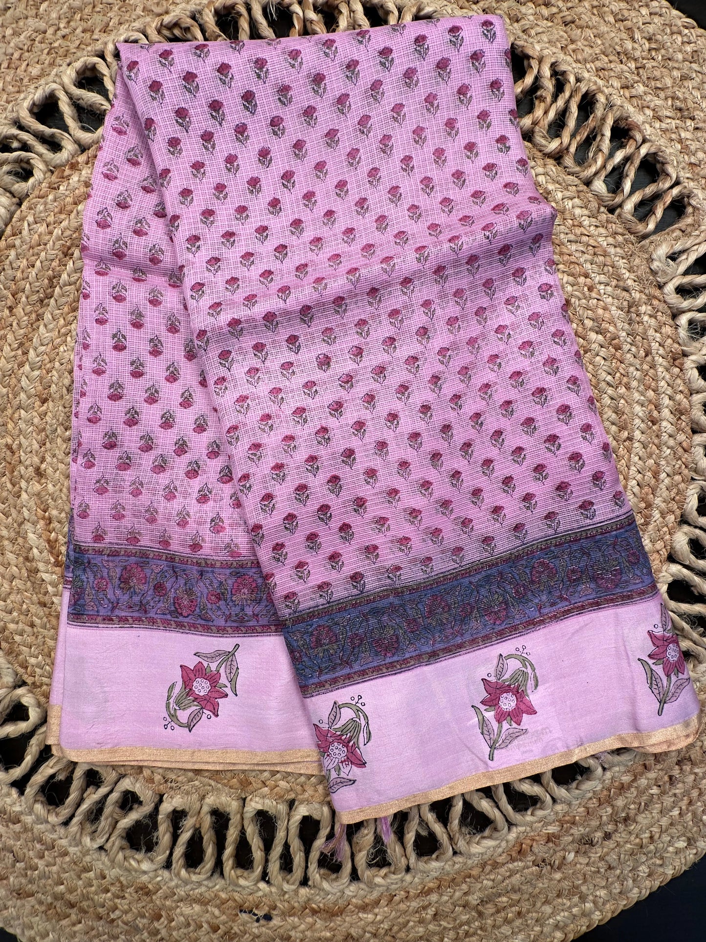Pink Hand Block-Print Pure Kota Doria Silk Saree