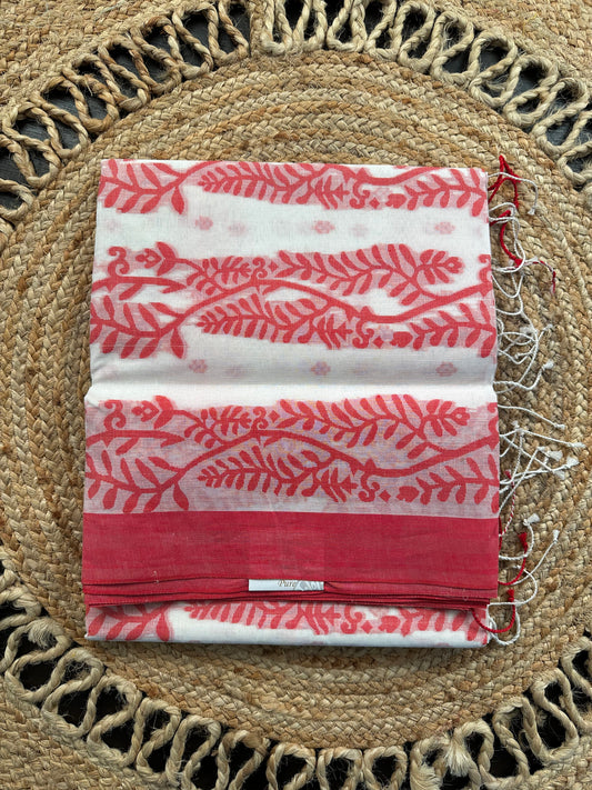 White Red Doodh Aalta Pure Cotton Saree