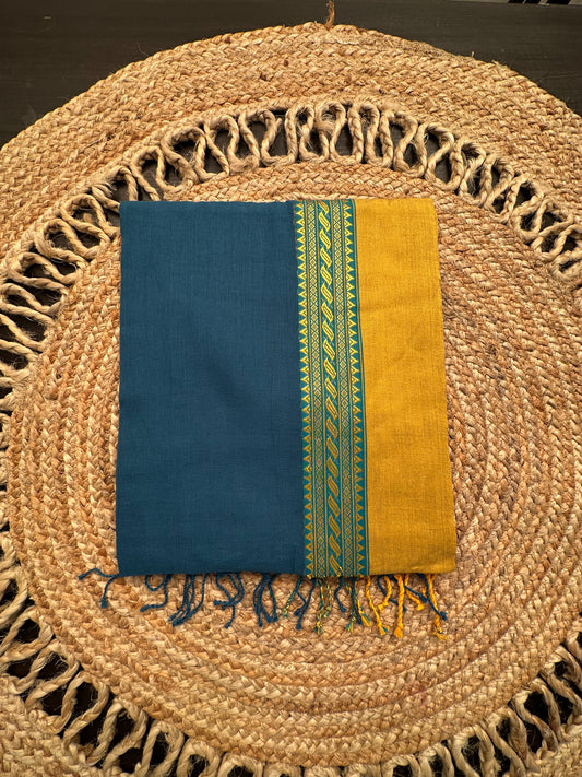 Turquoise Blue-Mustard Piku Bengal Cotton Saree