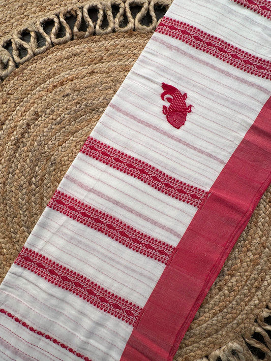 White Red Doodh Aalta Pure Cotton Saree
