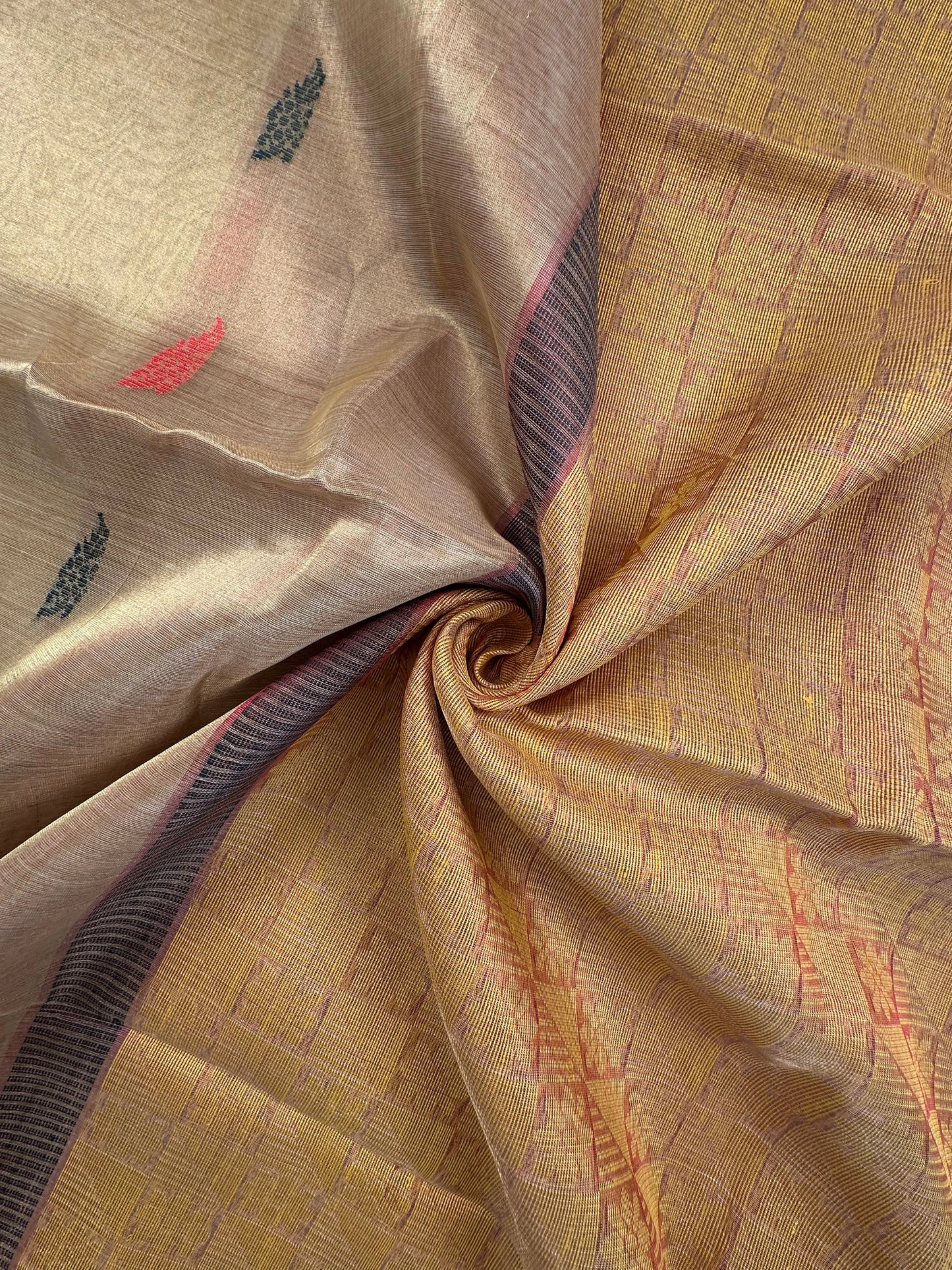 Golden-Pinkish Red Pure Tissue Silk Saree