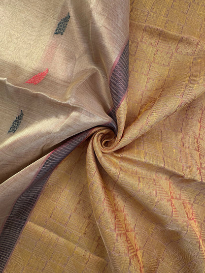 Golden-Pinkish Red Pure Tissue Silk Saree