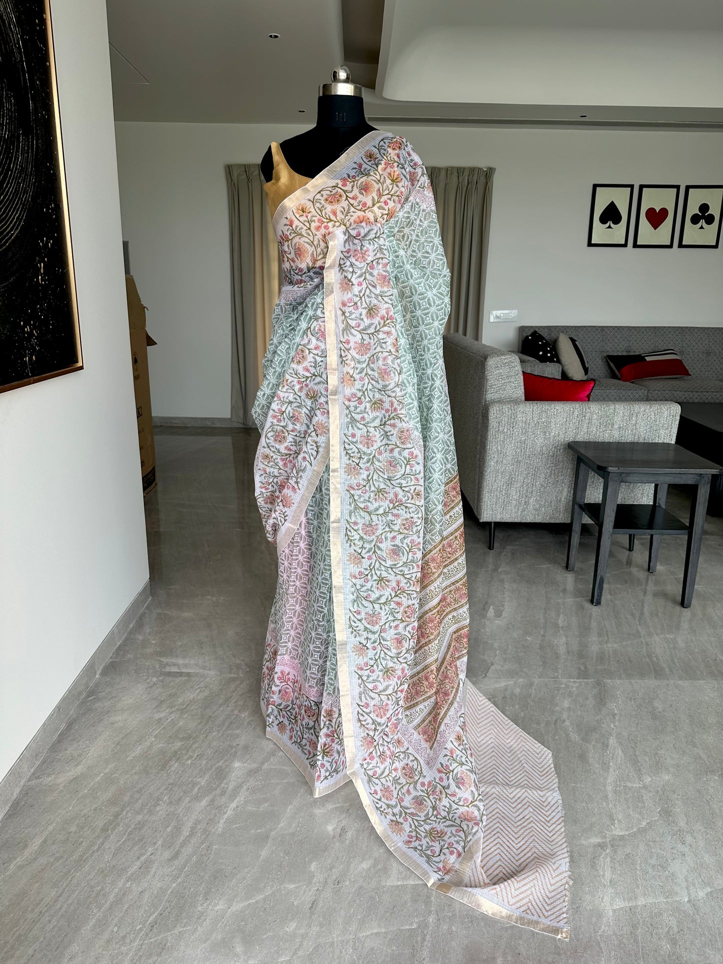 Off White - Grey Block Printed Kota Doria