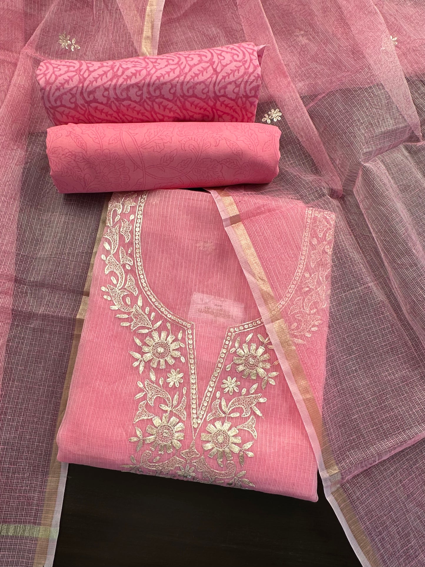 Pink 4-Piece Kota Doria Cotton Unstitched Suit