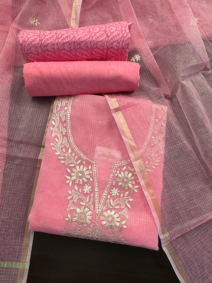 Pink 4-Piece Kota Doria Cotton Unstitched Suit